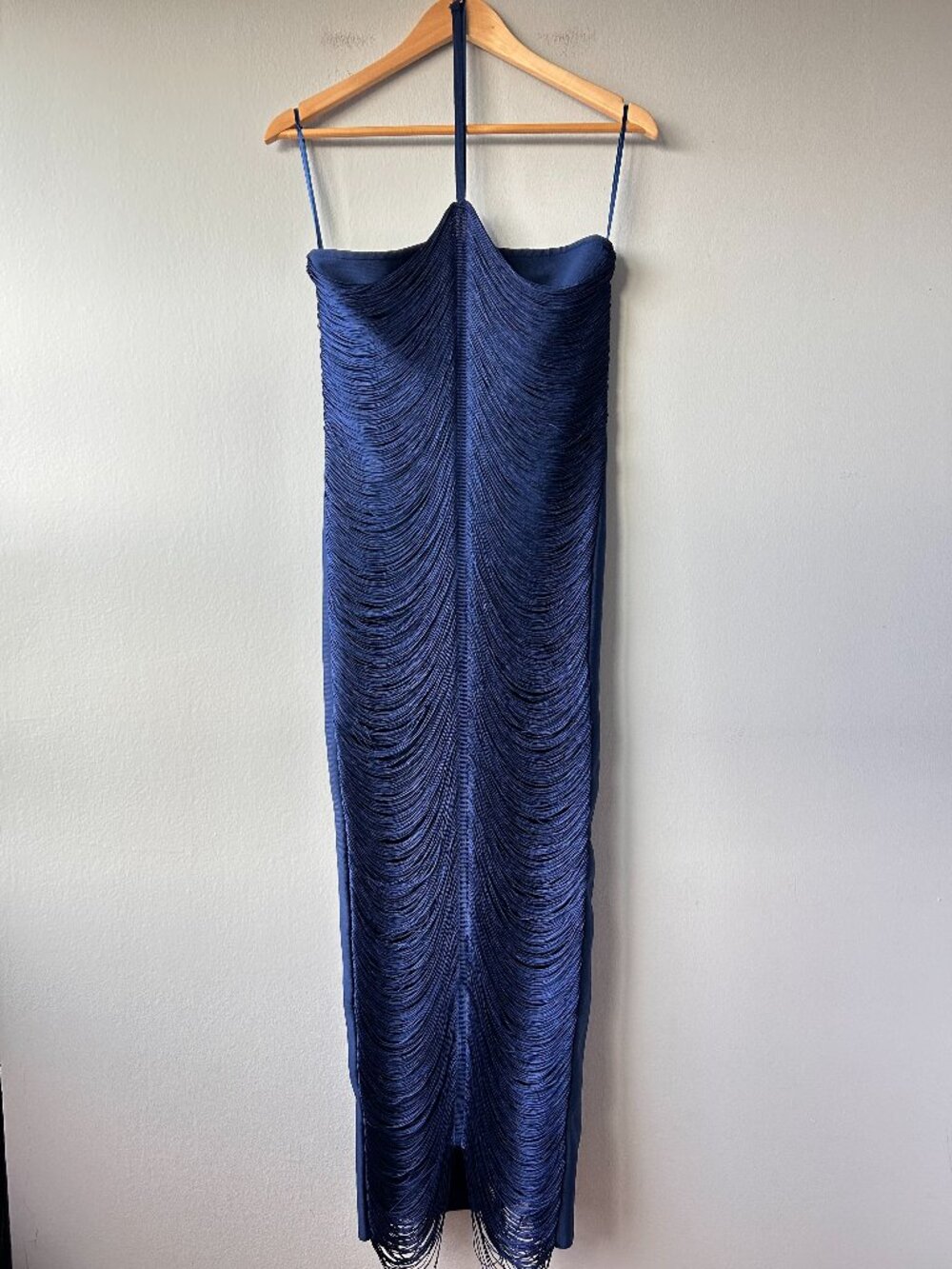 ANEWSTA Blue Fringe Maxi Dress Strappy Draped Boho Formal S